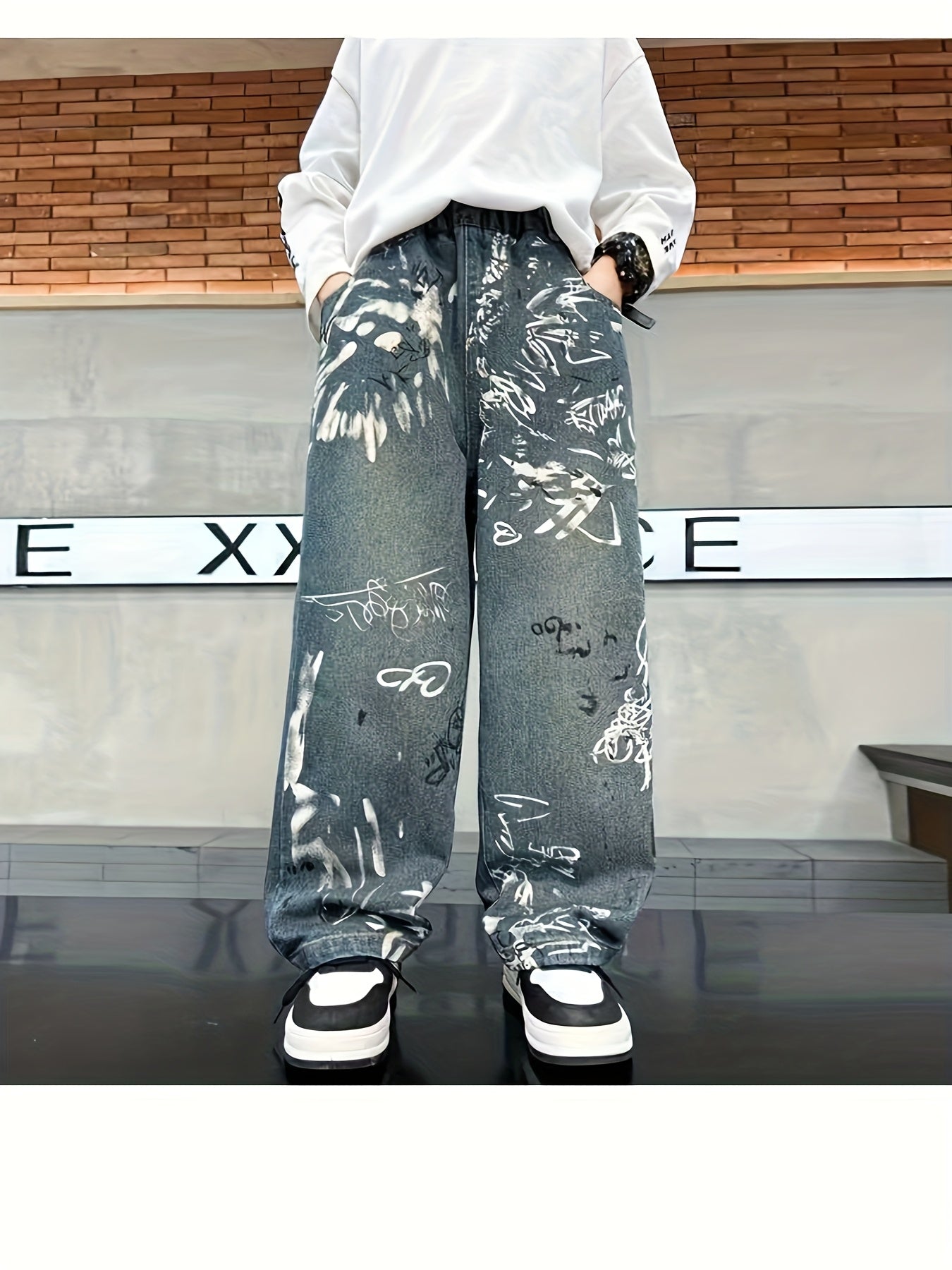 Y2K Boys' Vintage Washed Graffiti Faux Denim - Trendy and Versatile Distressed Wide-Leg Faux Denim Pants for Autumn/Winter, Elastic High-Waist Straight-Leg Casual Trousers with Unique Design