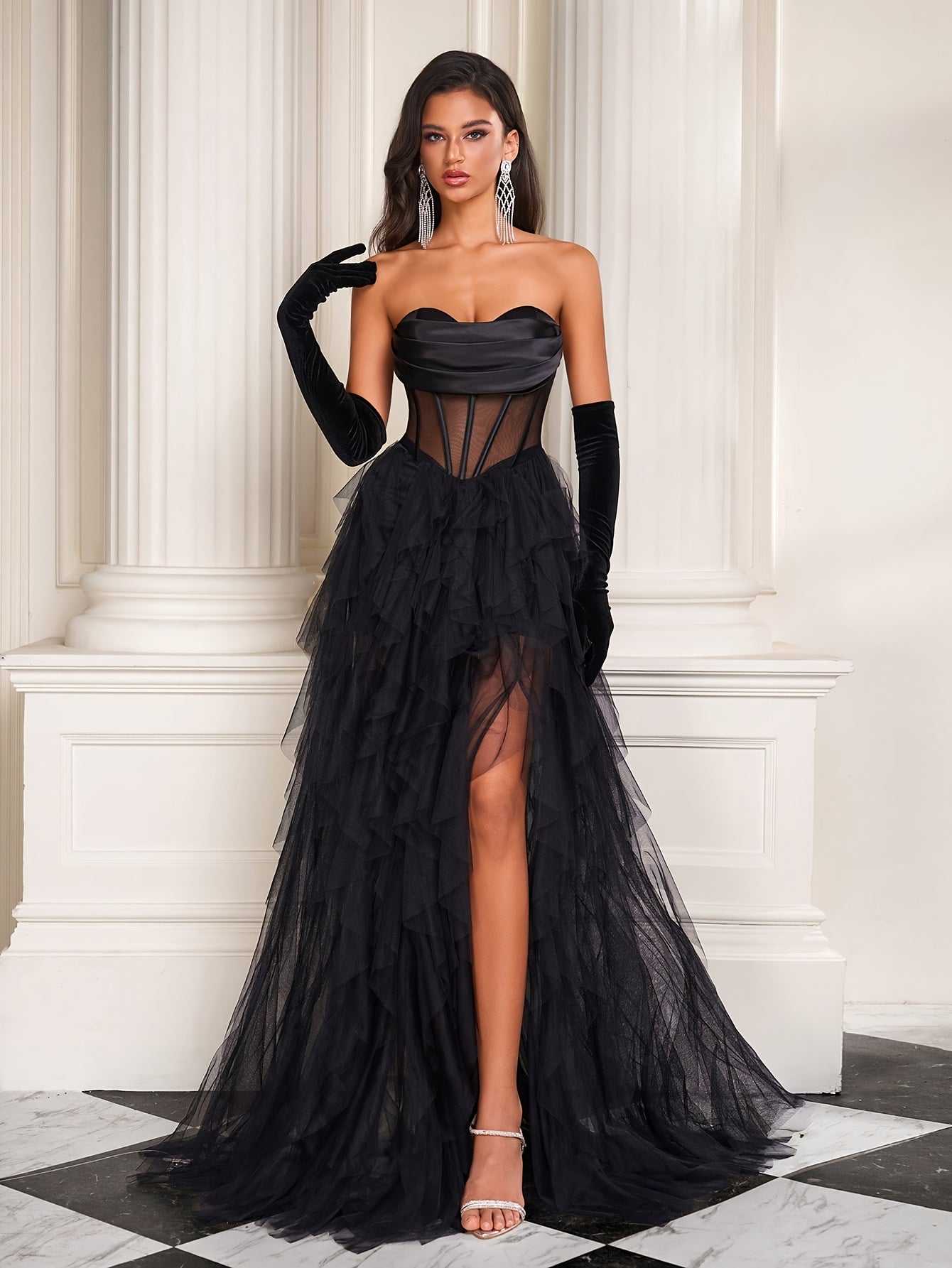 French-Style Fishbone Mesh Light Gown for Birthday Party Cake Princess Dress, Sexy Charming Strapless Evening Gown, No Gloves