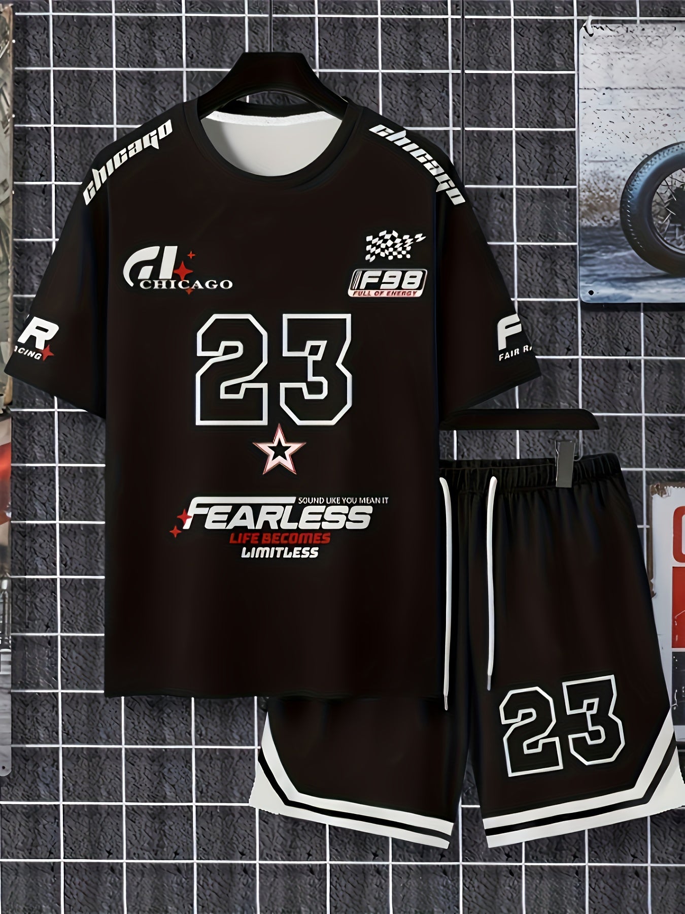 Men'S Casual Outfit Featuring a Chicago Letter And Number Print, a Stylish Streetwear T-Shirt, And Sporty Shorts Set. Made from Breathable And Comfortable Fabric, It'S The Perfect Gift for Family.