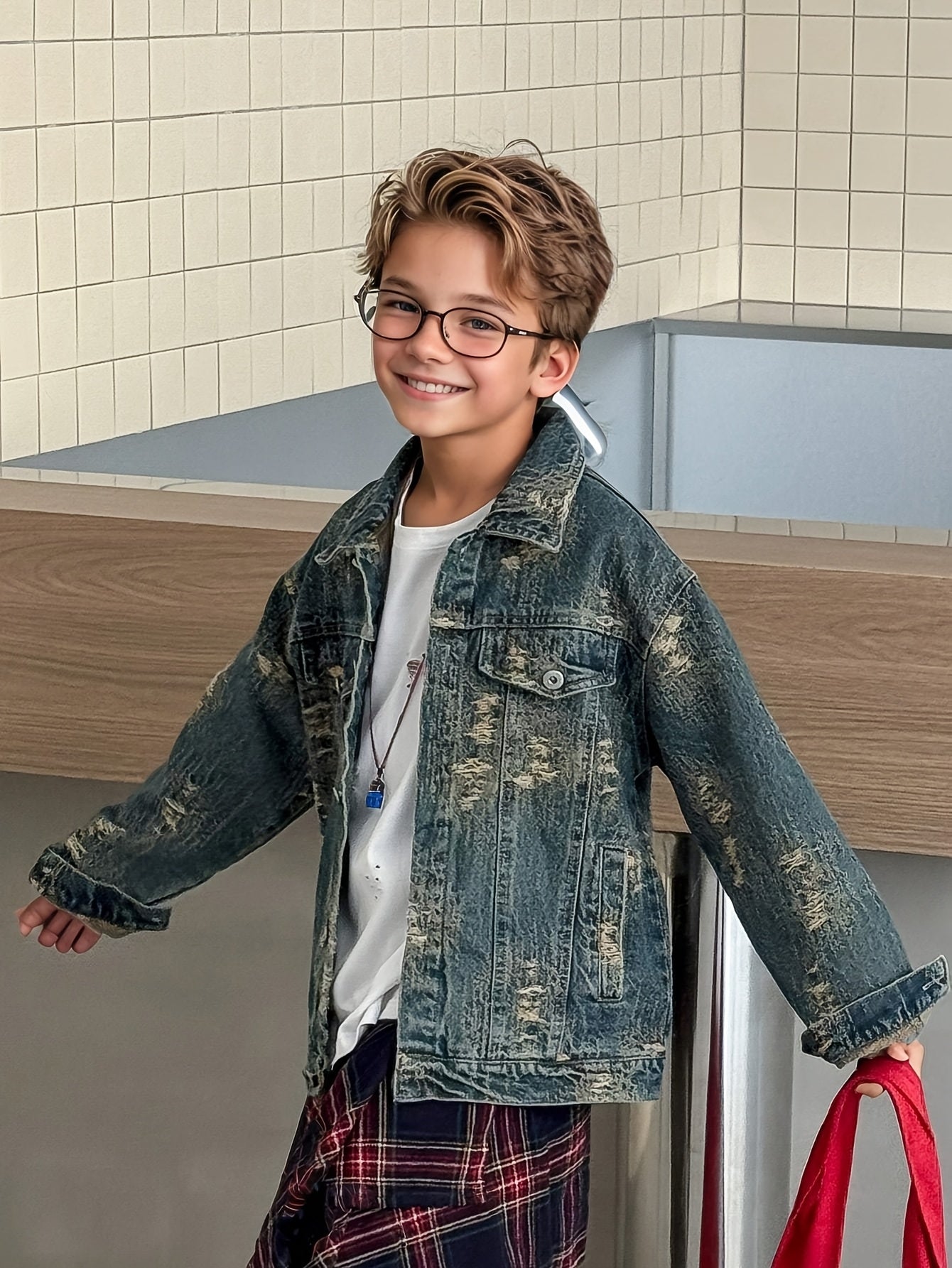 Boys' Casual Loose-Fit Ripped Denim Jacket for Autumn, Suitable for School and Outdoor Wear