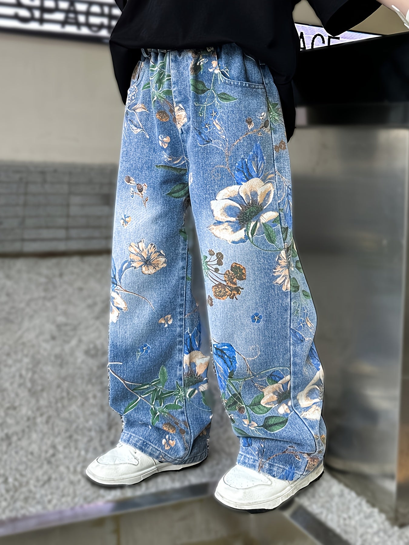 Boys' Y2K Style Straight-Leg Faux Denim with Floral Print - Elastic Waist, Loose Fit, All-Season Casual Pants for School, Outdoor & Cycling, Durable Polyester, Mid-Rise, Perfect for Students & Youngsters, Outdoor Faux Denim | Y2K Fashion | Durable Faux D