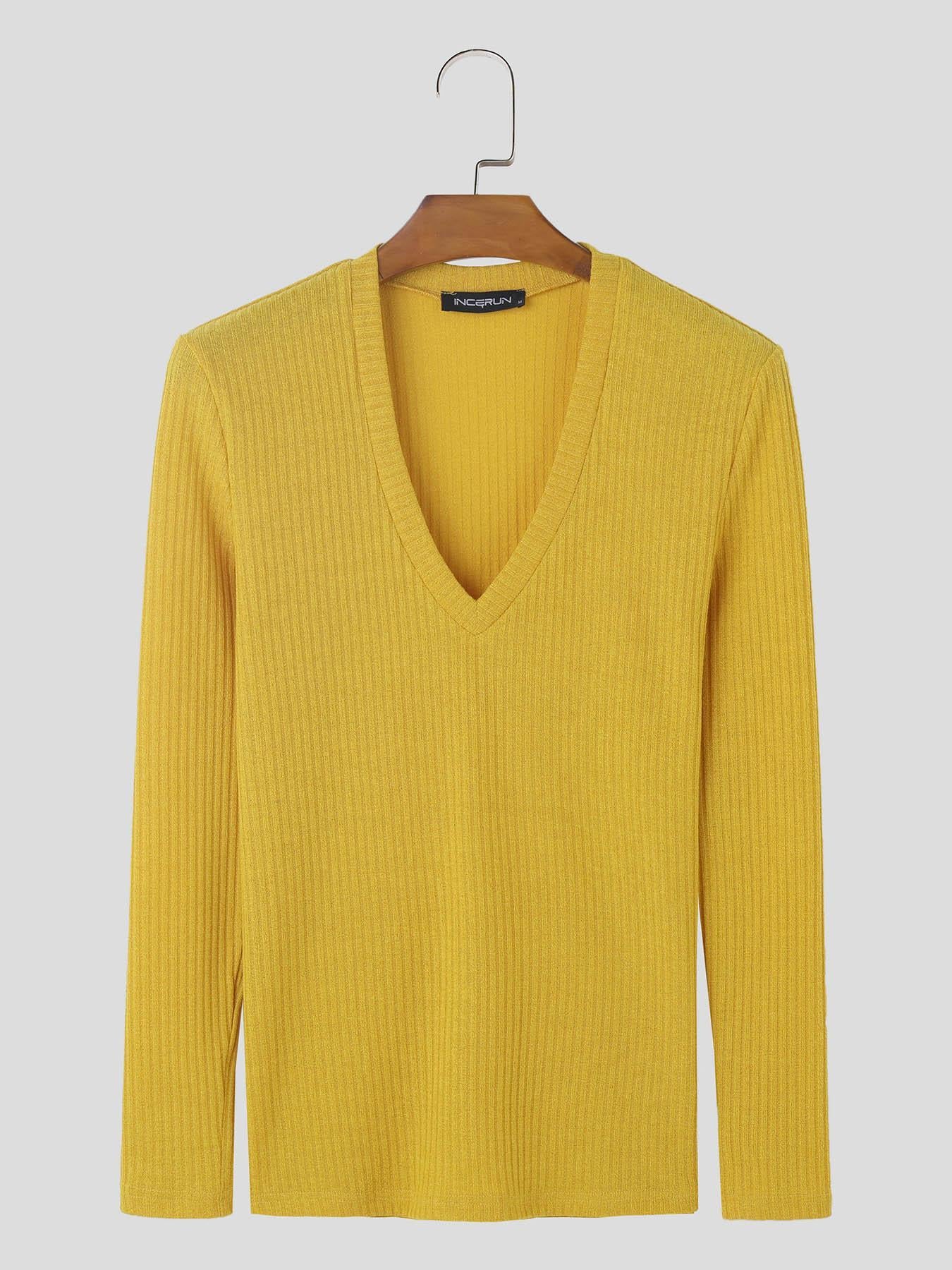 Men's Slim Fit Ribbed Knit V-Neck Long Sleeve Tee - Stretchy, Breathable & Machine Washable, Bright Yellow Casual Top for Casual Attire, Versatile Clothing, Stylish Slim Fit, Stretchy Material