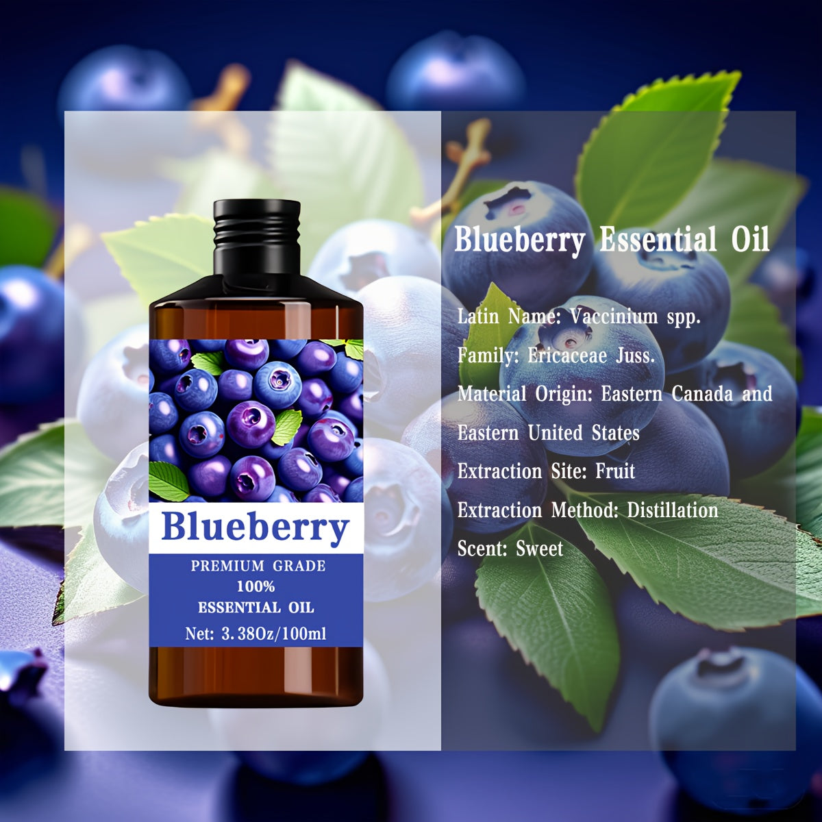 Blueberry Essential Oil, 100Ml/3.38 Fl.Oz, Completely And, Suitable for Nail, Hair, And Skin Care, As Well As for Massage And Humidifiers. This Moisturizing Essential Oil Is Ideal for Both Men And Women, Promoting Relaxation And Meditation.
