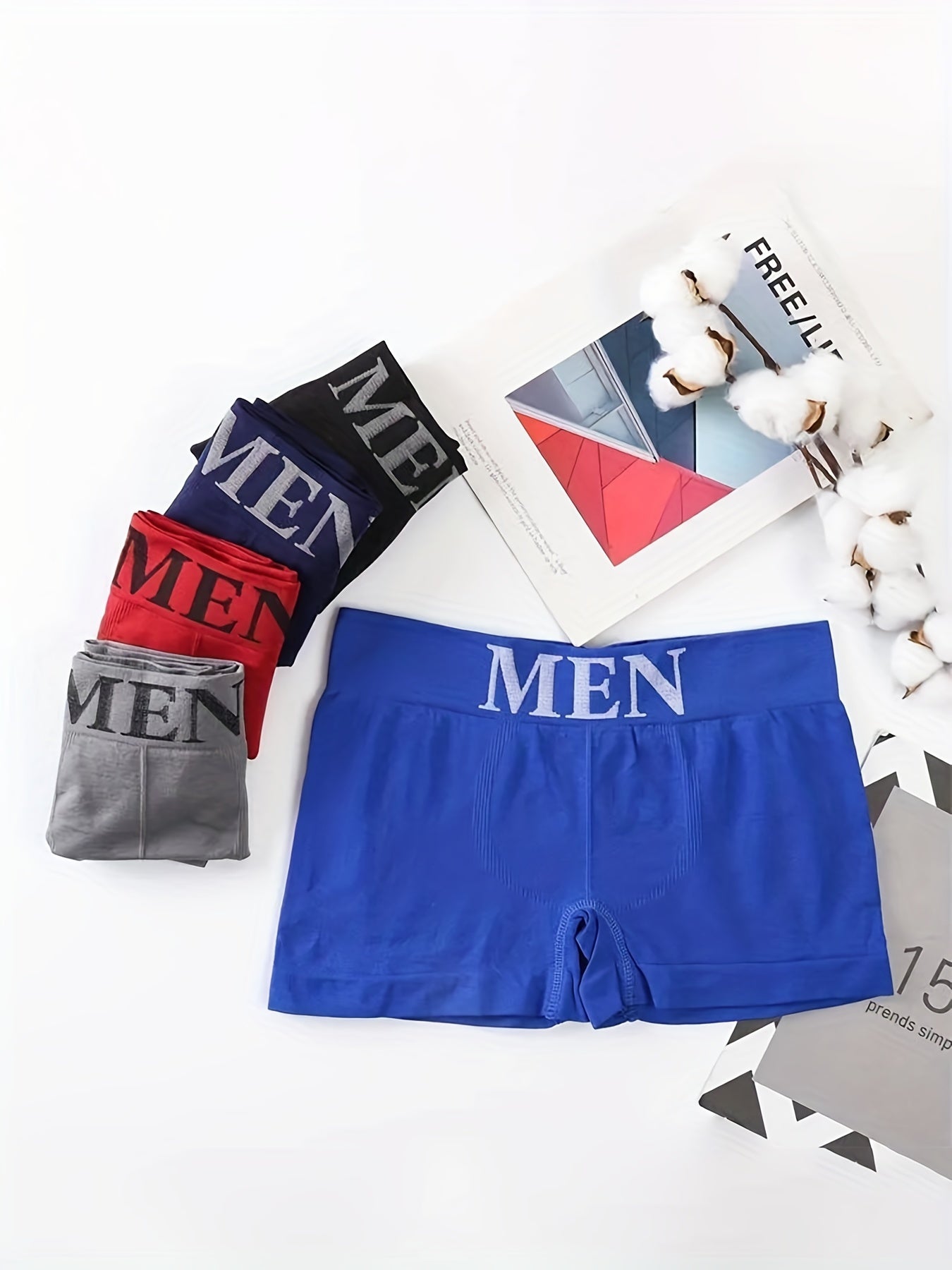 5pcs Men's 'MEN' Print Plain Color High Stretch Breathable Quick Drying Comfortable Boxer Briefs Underwear (smaller Size), S-M