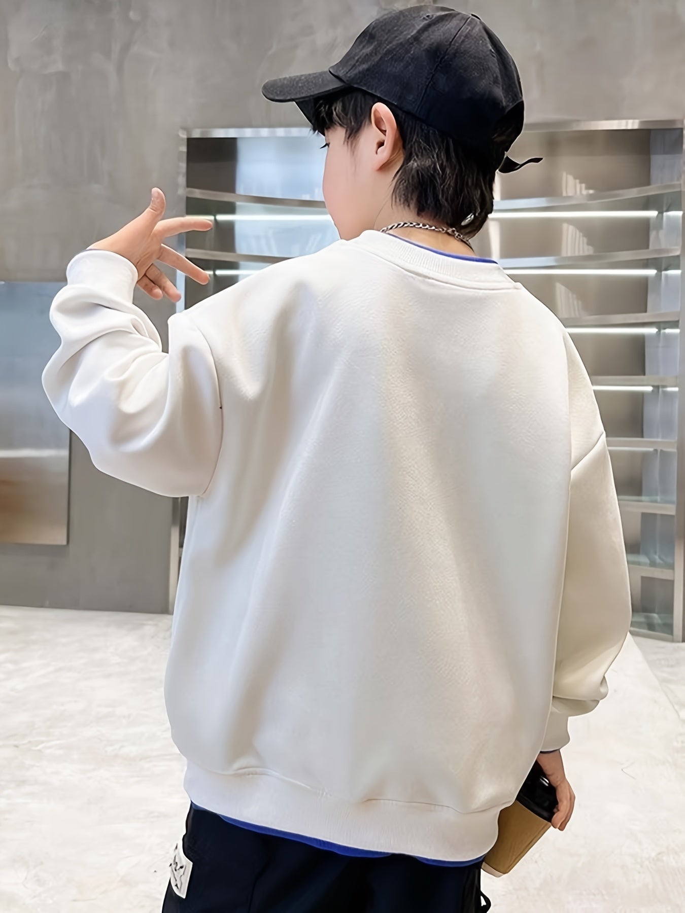 Boys' Trendy Round Neck Sweatshirt with Faux Two-Piece Design, Embroidered Craftsmanship, Stylish Regular Fit Top