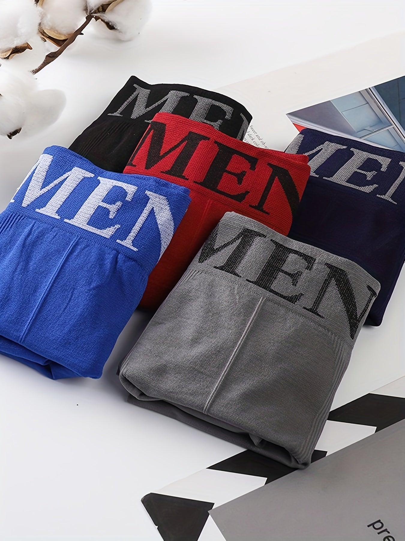 5pcs Men's 'MEN' Print Plain Color High Stretch Breathable Quick Drying Comfortable Boxer Briefs Underwear (smaller Size), S-M