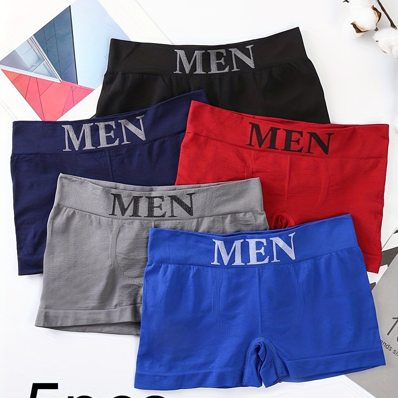 5pcs Men's 'MEN' Print Plain Color High Stretch Breathable Quick Drying Comfortable Boxer Briefs Underwear (smaller Size), S-M