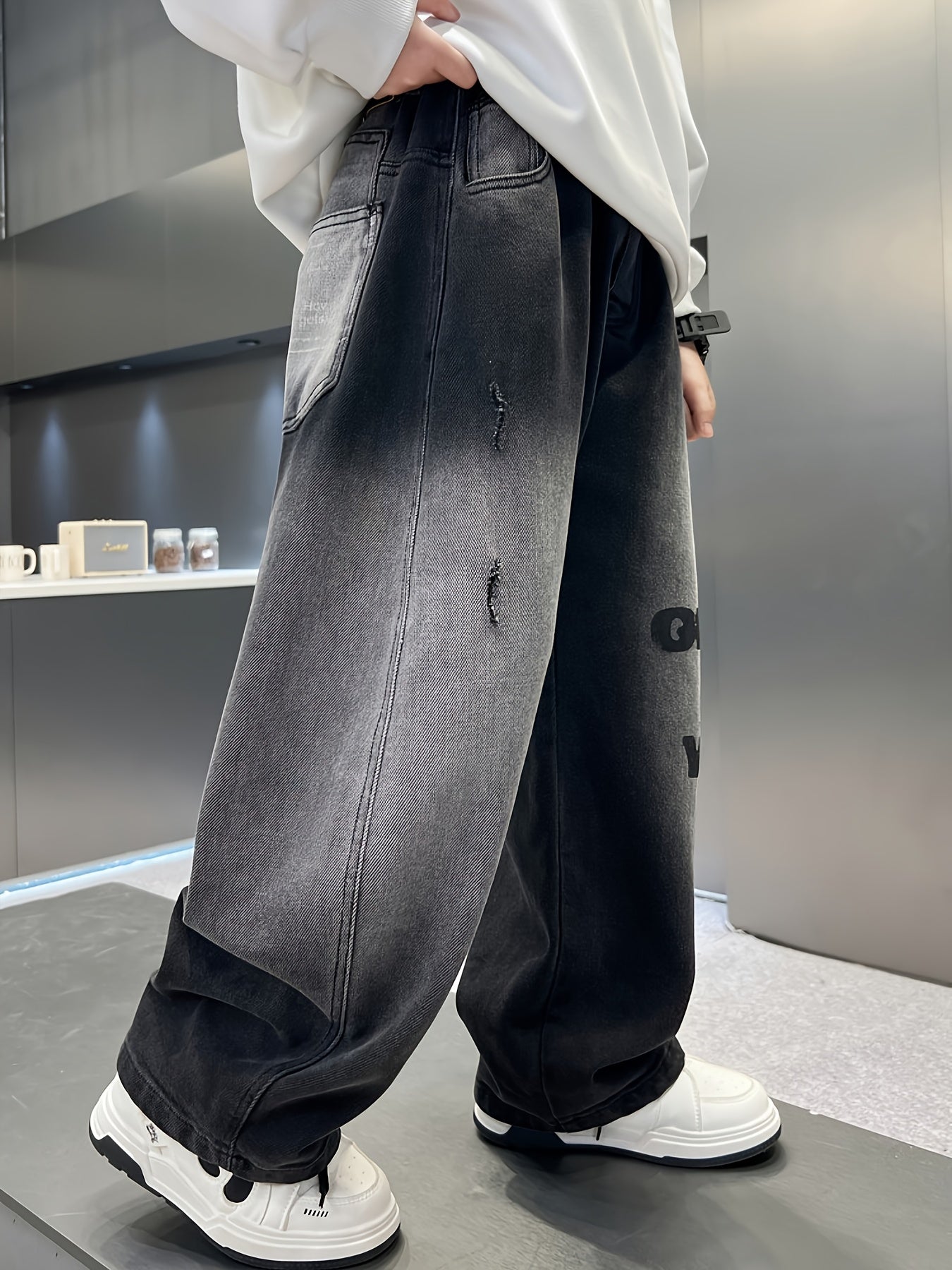 Boys' Casual Loose-Fit Straight-Leg Faux Denim with Elastic Waistband - Cartoon Character & Letter Print, Ripped Detail, All-Season Outdoor Sports & Dance Pants for School, Cycling, and Casual Attire, Boy Faux Denim, School Uniform Pants, Trendy Cartoon