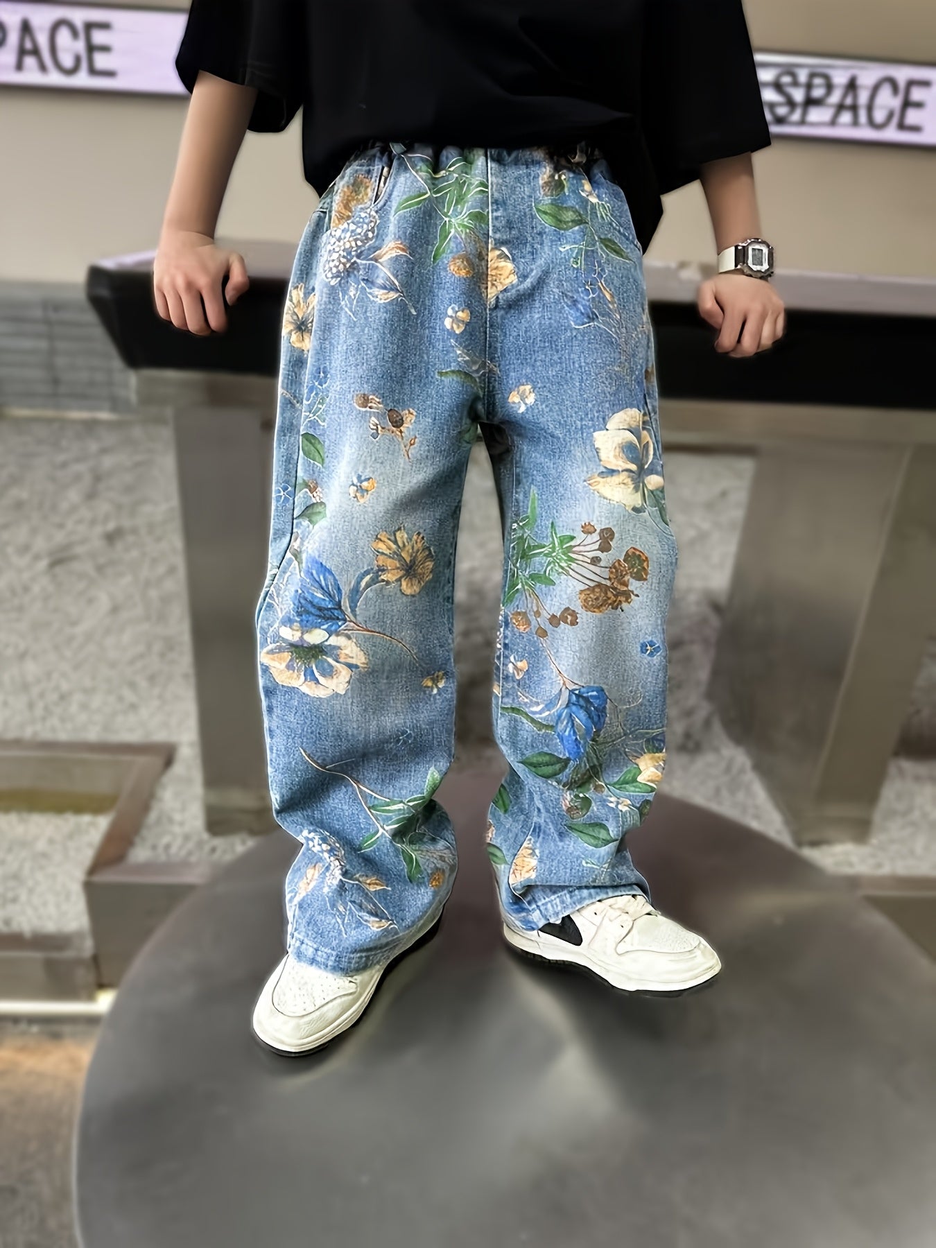 Y2K Boys' Spring/Autumn Denim Jeans: Trendy Retro Straight-Leg Loose Fit Wide-Leg Pants for Kids, Children's Clothing, School Outfit, Trendy Fashion, Retro Style, Washed Denim, Stretchy Material, Printed Jeans, Spring Autumn Pants, School Children, Young