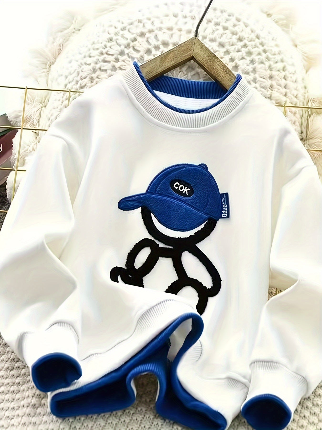 Boys' Trendy Round Neck Sweatshirt with Faux Two-Piece Design, Embroidered Craftsmanship, Stylish Regular Fit Top