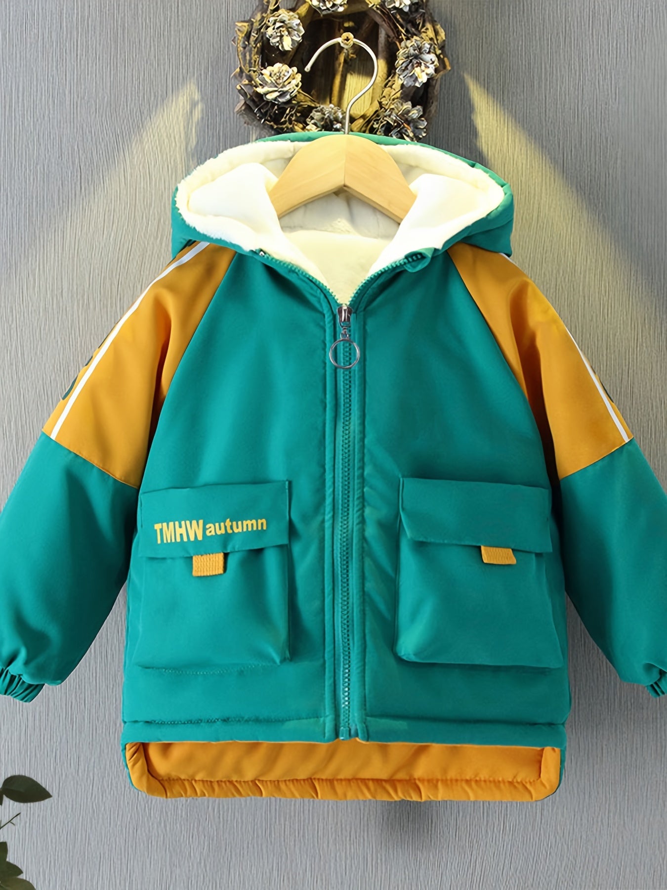 Boys Fashionable Letter Print Color Block Fleece Lining Hooded Jacket With Pockets, Long Sleeve Zip Up Jacket, Kids Clothes For Fall Winter Outdoor