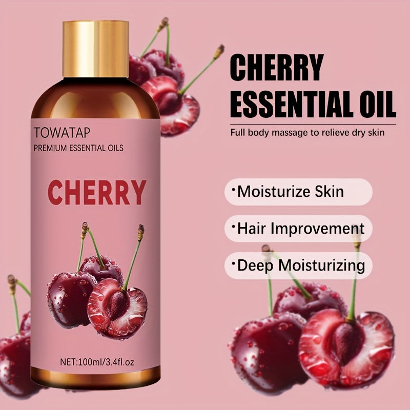 TOWATAP 100% Pure Cherry Essential Oil 100ml - Natural Cherry Extract, Light Beige Moisturizing Oil for Face, Body, Hair, Massage, Diffusers & Bath - Sensitive Light Beige, Men & Women, Cherry Scented Oil