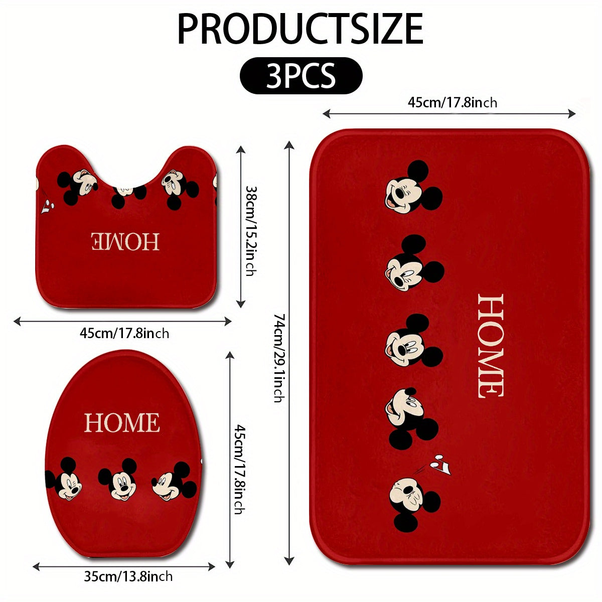 Mickey Mouse 3pcs Bathroom Mat Set, Lightweight Knit Fabric Bath Rug, Machine Washable, Polyester 100.00%, Oblong Shape, 600gsm, 1.2cm Thickness, Toilet Lid Cover, U-Shaped Contour Mat, Home Decor, Bathroom Decor, Christmas Decor, Birthday Gift, Annivers