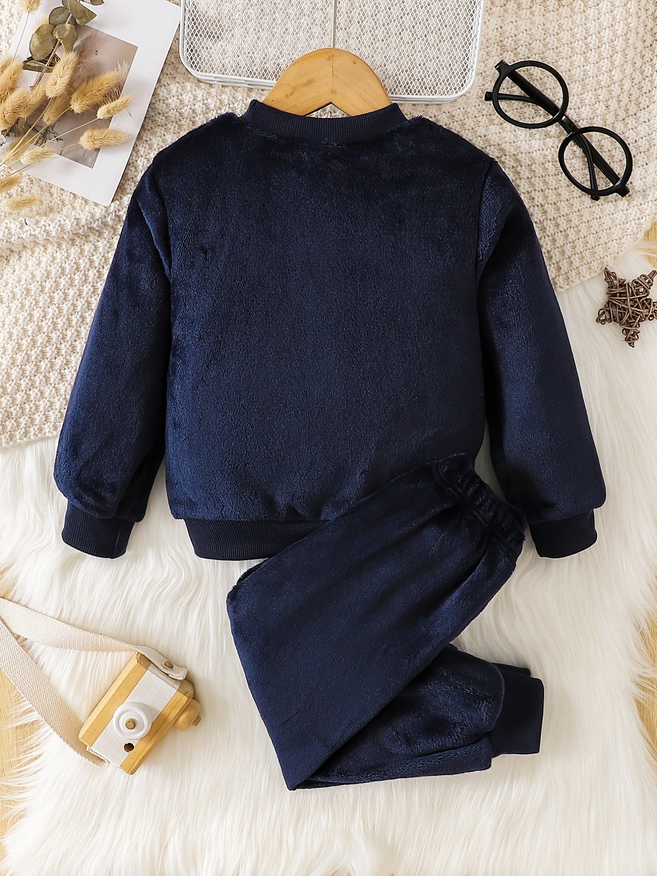 Boy's Cartoon Cat Pattern Long Sleeve Crew Neck Warm Fleece Top & Pants, Cute Warm Set