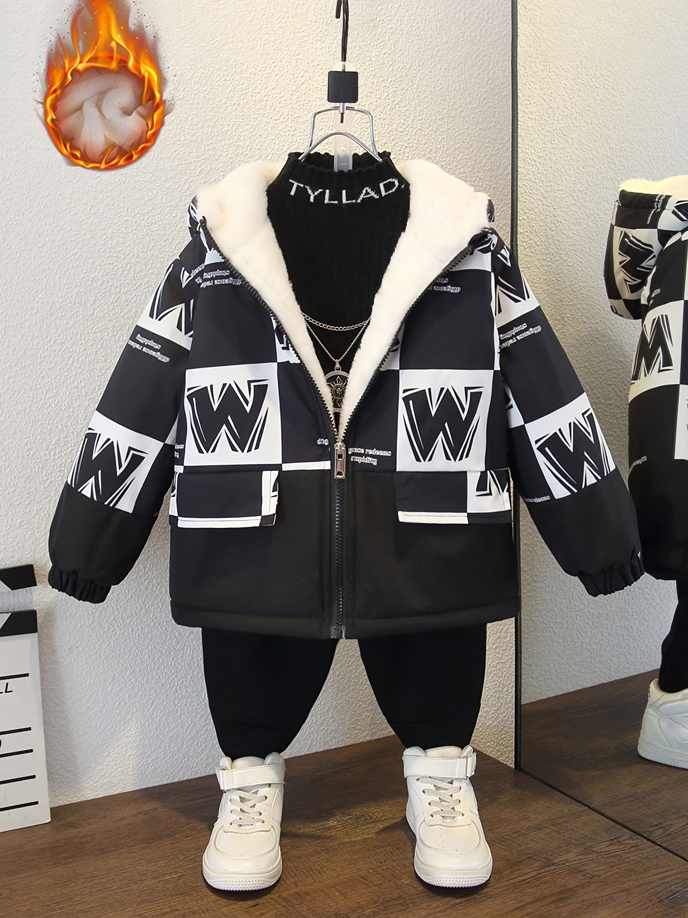 Boys' Fleece-Lined Hooded Parka Jacket - Warm, Windproof Winter Coat with Geometric Pattern & "DILIGENCE" Design, Green/Gray/White Color Block Style, Loose Fit for Fall/Winter, Winter Jacket