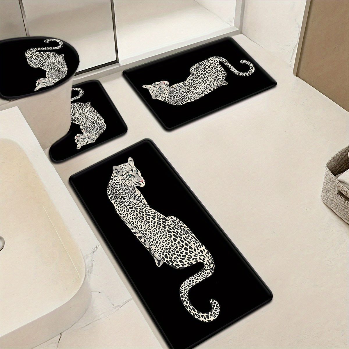 3pcs/4pcs Leopard Print Bathroom Set with Toilet Lid Cover and Rug, U-Shaped Bath Mat for Decoration
