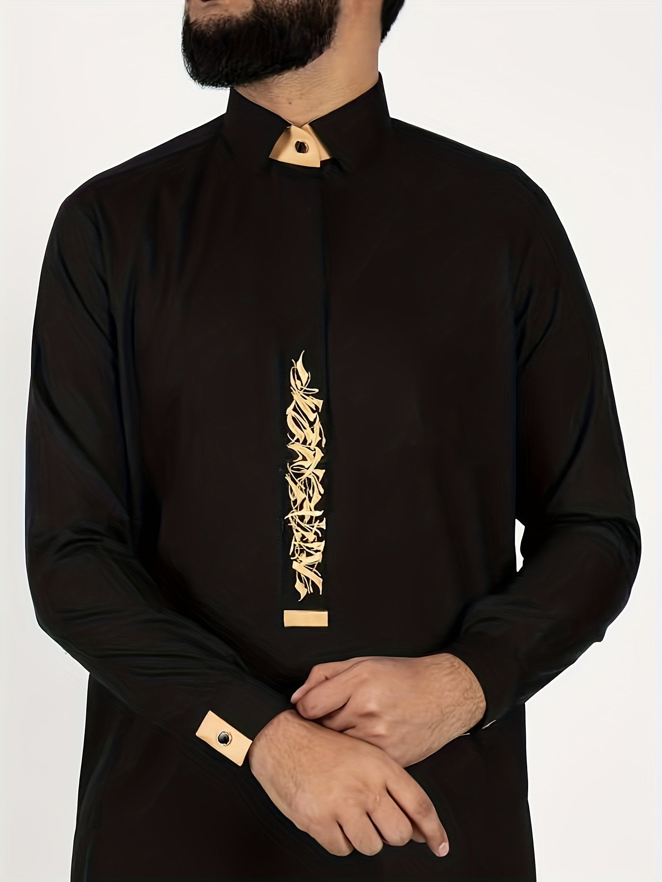 Arab Men's Plus Size Black Robe Muslim Casual Embroidered Jubba Robe All-season Universal Thobe Jubba Thawb For Men, Men's Clothing, Plus Size