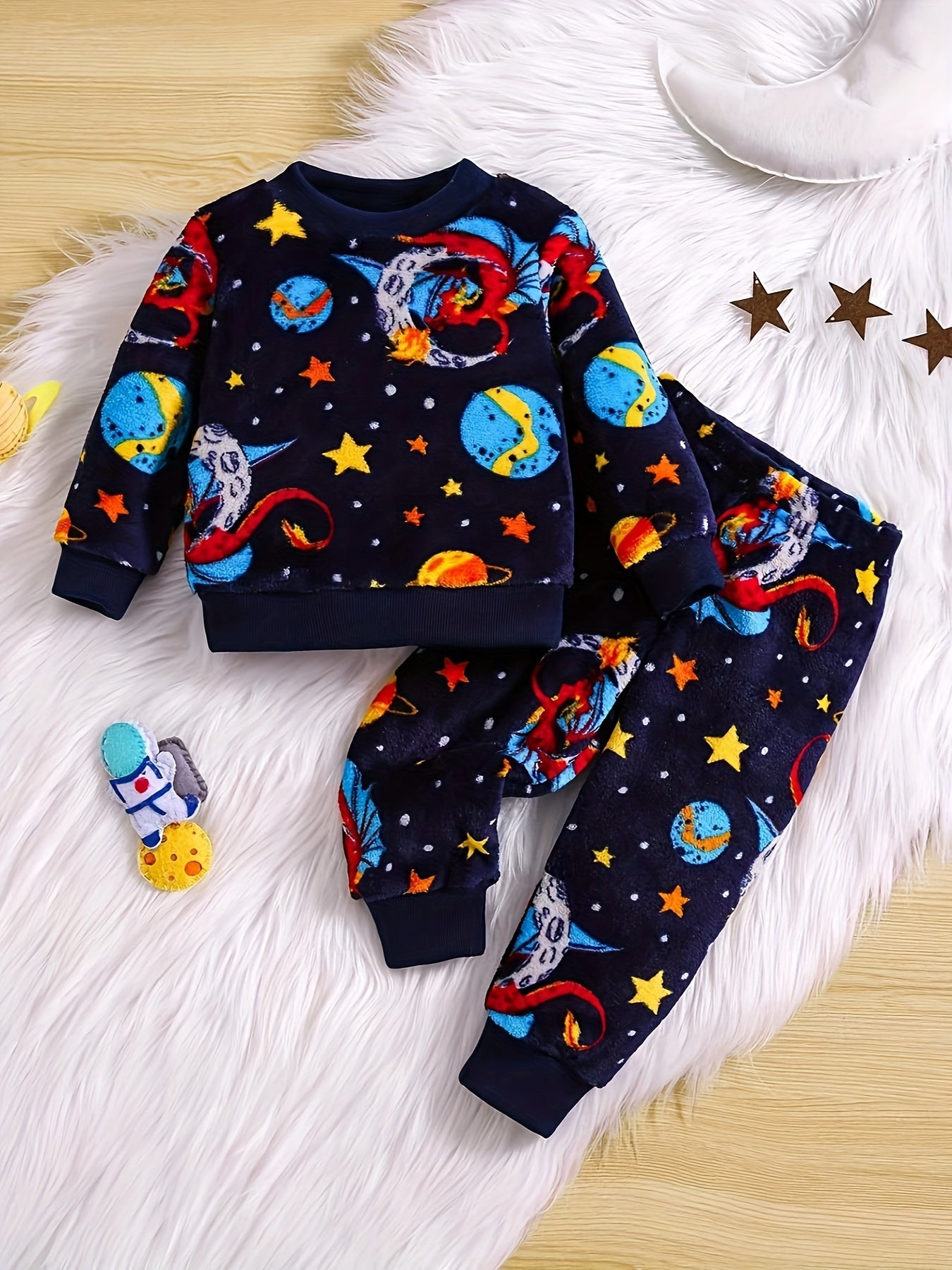 Boy'S Christmas Themed Flannel Pajama Set, 2pcs Crew Neck Outfit with Rib-Knit Details, Medium Stretch Knit Fabric, Regular Fit, Polyester 100%, Cozy Winter Home Wear