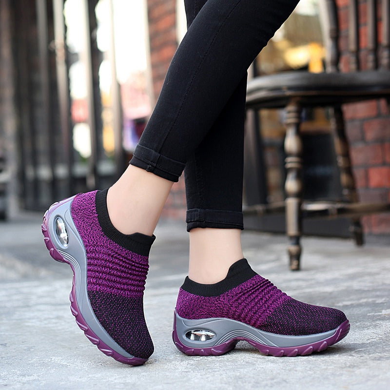 Women's Knitted Socks Shoes, Slip-on Breathable Running Shoes, Air Cushion Casual Walking Shoes For Women & Men
