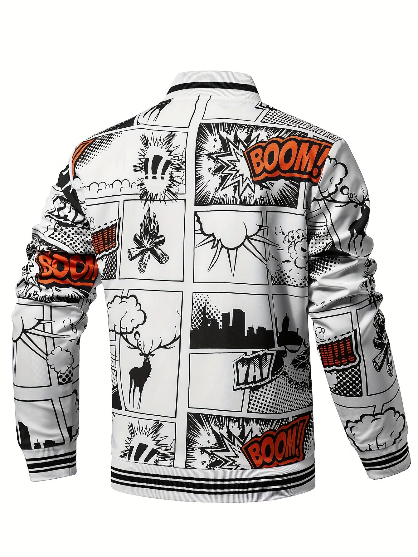 Men's Cartoon Print Jacket With Pockets, Casual Baseball Collar Zip Up Long Sleeve Outwear For Outdoor