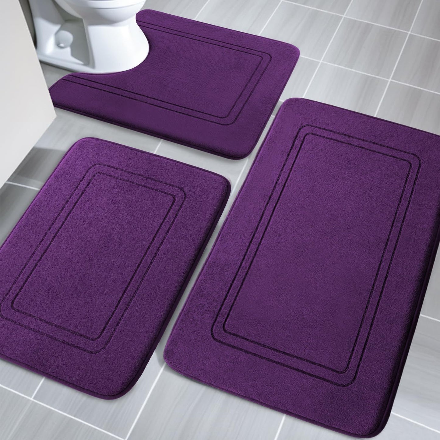 Ultra-Soft Memory Foam Bath Mat Set - 3pcs, Non-Slip & Super Absorbent, Machine Washable U-Shaped Toilet Mats for Bathroom, Bathroom Accessories