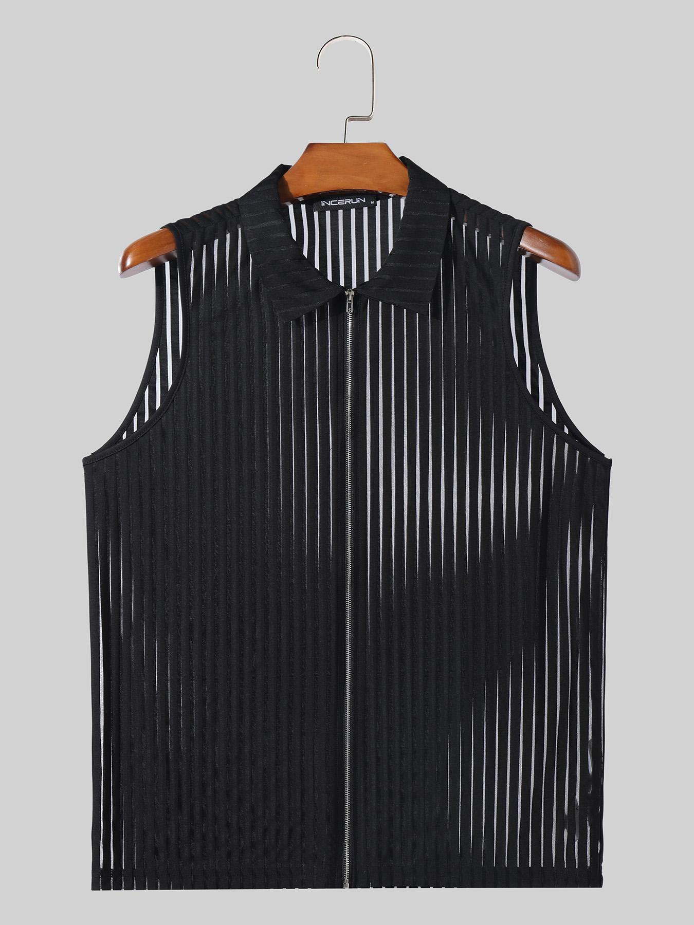 INCERUN Men's Sheer Striped Zip-Up Tank Top - Sexy Mesh Beach & Party Vest, Breathable Polyester-Spandex Blend, Machine Washable