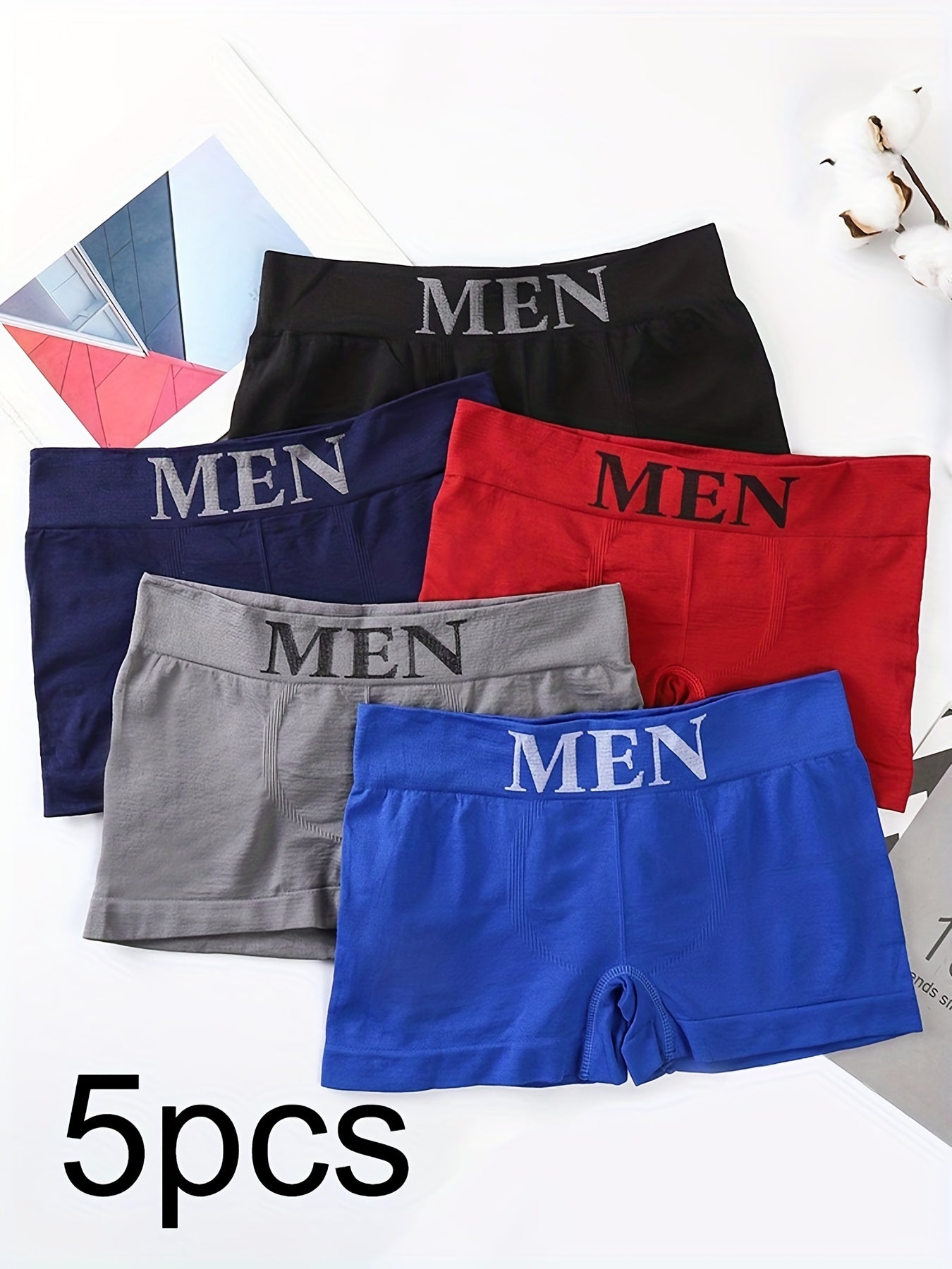 5pcs Men's 'MEN' Print Plain Color High Stretch Breathable Quick Drying Comfortable Boxer Briefs Underwear (smaller Size), S-M