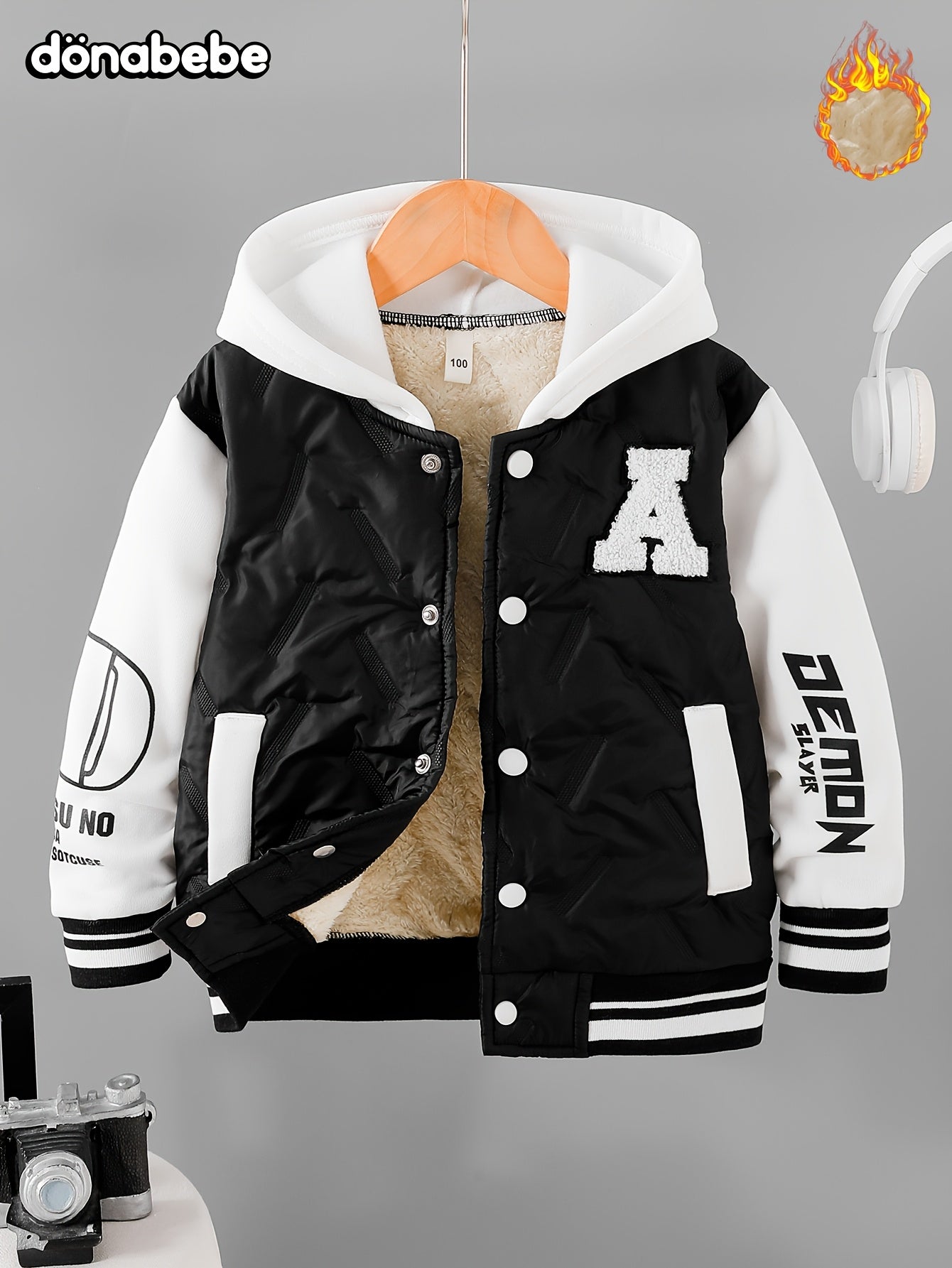 Boys' New Autumn/Winter Fleece-Lined Thick Jacket with Letter A Patch, Button-Up Sleeve Print Hooded Sweatshirt - Warm and Versatile Casual Wear