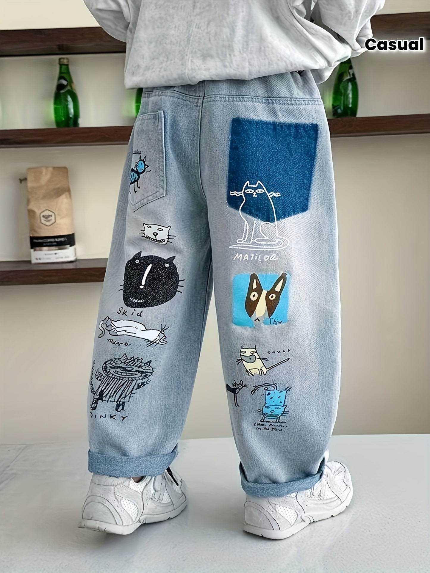 Boys' Casual Cartoon Print Wide Leg Jeans with Puff Details & Distressed Knees - Spring/Fall Youth Streetwear Pants for Teens, Hand Wash Only, Jeans, Jeans for Kinds, Baggy Jeans