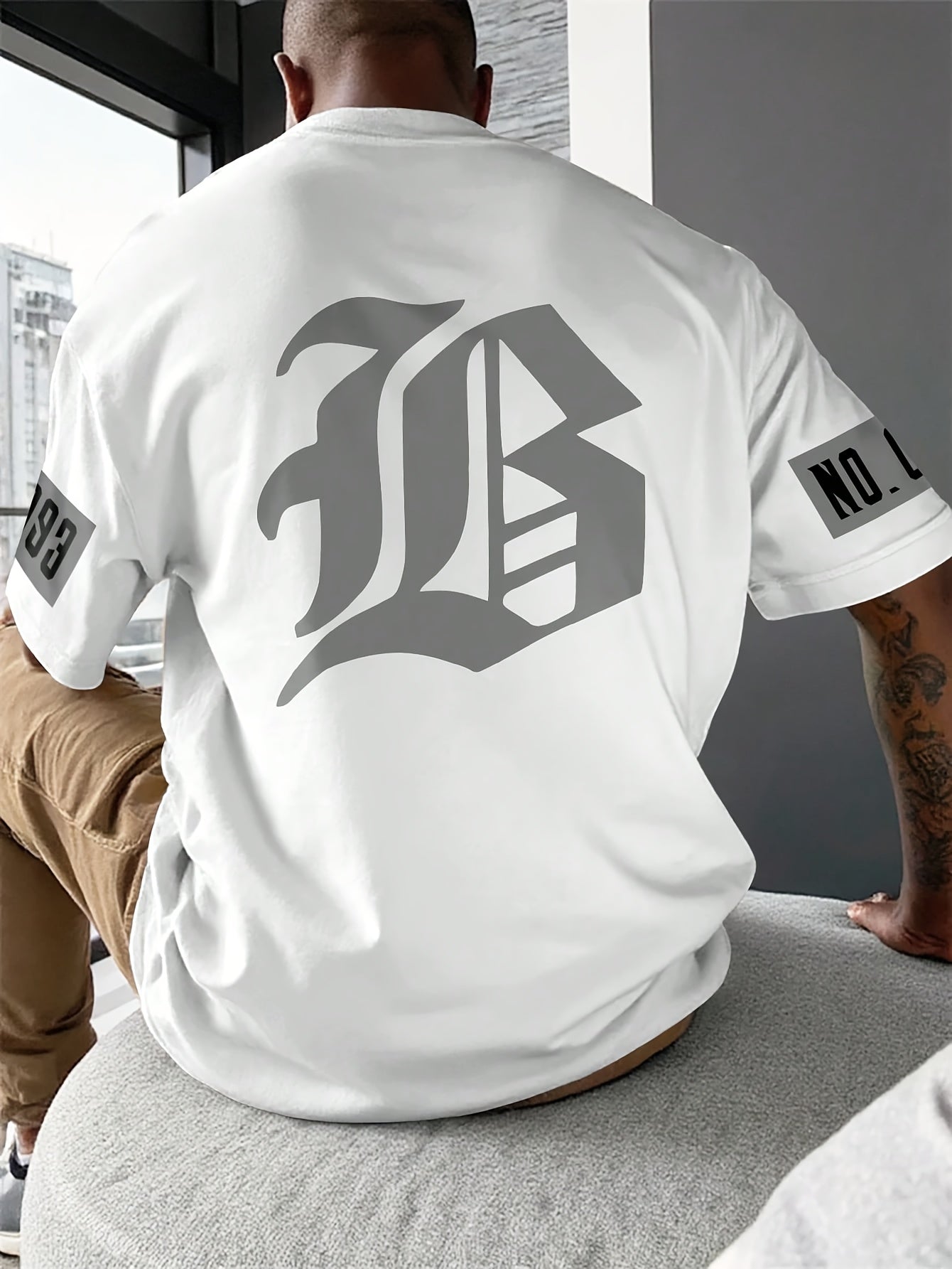 Men'S Casual Crew Neck Short Sleeve T-Shirt with Bold "B" Logo - Soft, Breathable Polyester, Slightly Stretchy, Perfect for Outdoor Activities & Gift Giving, Allseason Apparel|Bold Graphic Tee|Stretchy Fabric, Knit