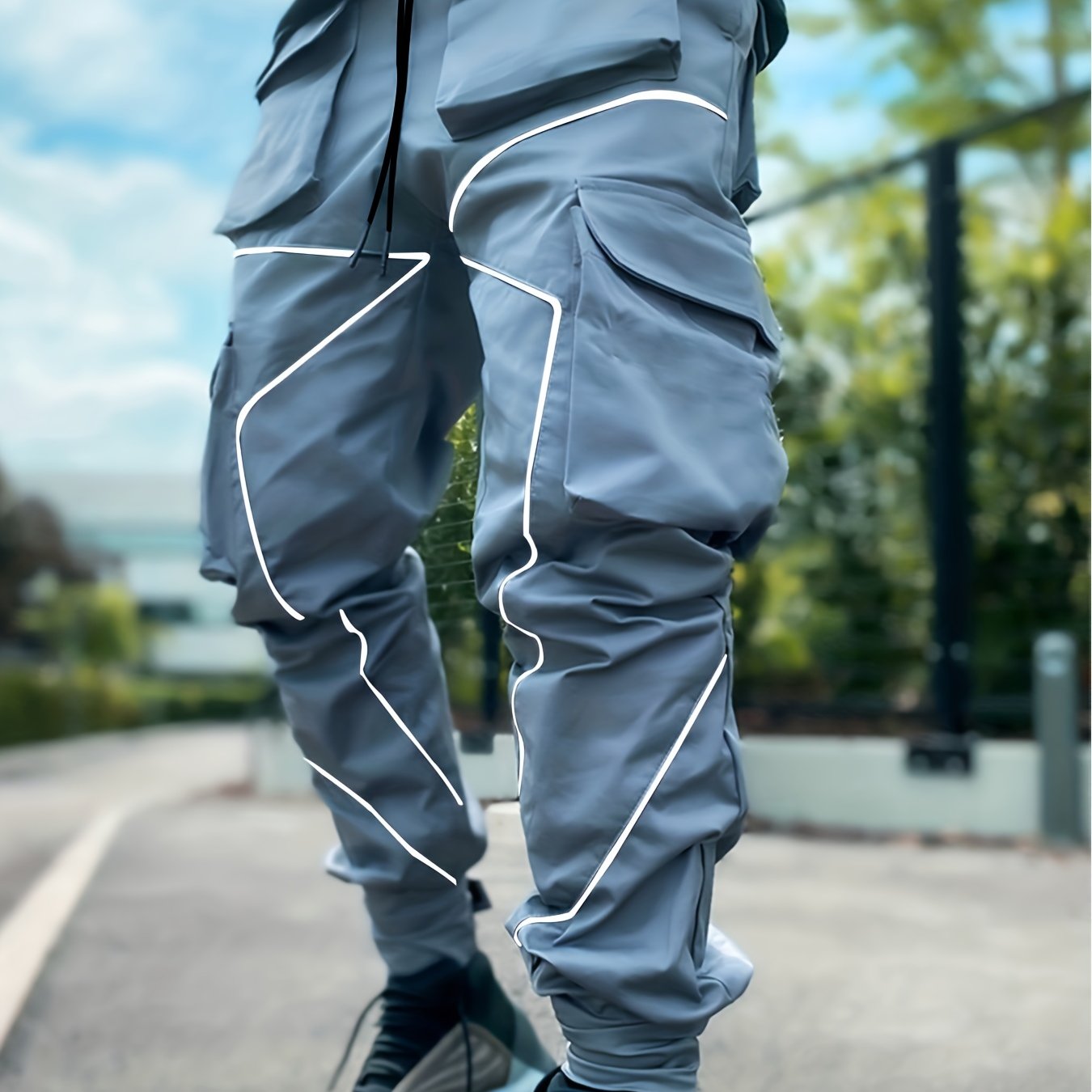 Stylish Multi-Pocket Cargo Pants for Men - Long Footed, Reflective Stripes, Climbing, Mountain, Outdoor Fitness - Comfortable, Breathable, Quick-Drying