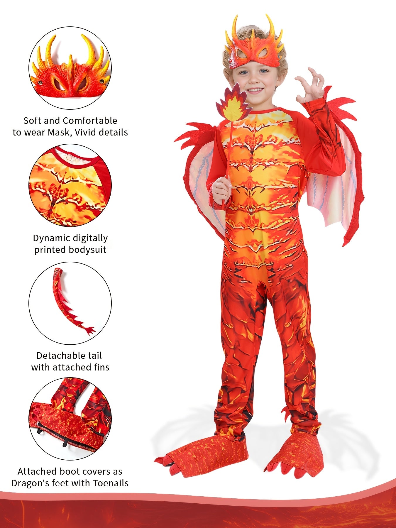 Youngsters Western Red Flame Dragon Knight Outfit - Full-Body Role Play Ensemble with Wings, Horns & Tail for Halloween, Carnival, Themed Parties - Durable Polyester, All-Season Use, Halloween Attire, Party Wear, Vibrant Design, Comfortable Fit