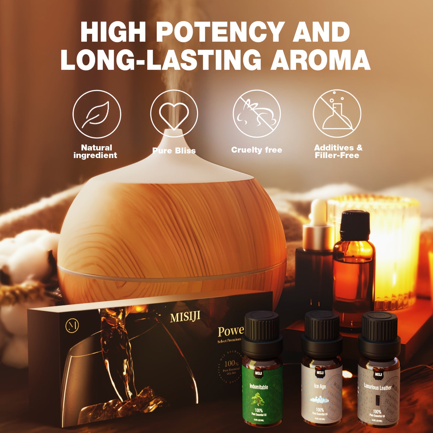 6pcs Men's Power Essential Oils Set - Premium Ingredients for Diffuser, Humidifier & Candle Making (10ml Each): Tobacco Night, Ice Age, Paris Spring, Texas Cowboy, Indomitable, Luxurious Leather - Perfect for Summer and Autumn