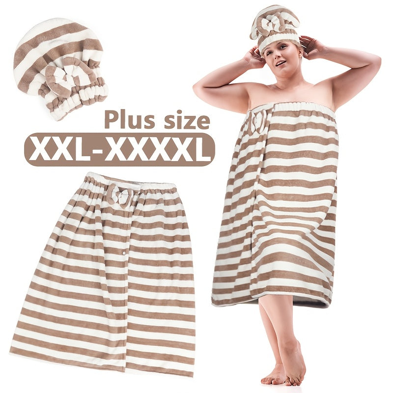 2pcs 80*215cm 350gsm Suitable for XXL-XXXXL Extra Large Bath Skirt + Cap Set, 31.5*84.64in Adjustable Striped Bath Towel, Super Soft Polyester, Ideal for Home, Travel, Sauna, Fitness, Spa, Bathroom, Pool, Christmas Gift, Wash Cloths