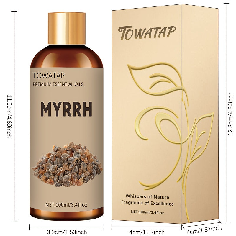 TOWATAP Premium Myrrh Essential Oil 100ml/3.4fl.oz - Alcohol-Free, Heat Protection for Light Beige & Hair, Ideal for Diffusers, Humidifiers, Candles, Massage - All Light Beige Types, Home & Hotel Use, Fragrance, Diffuser Oil, Sleek Bottle Design, Natural