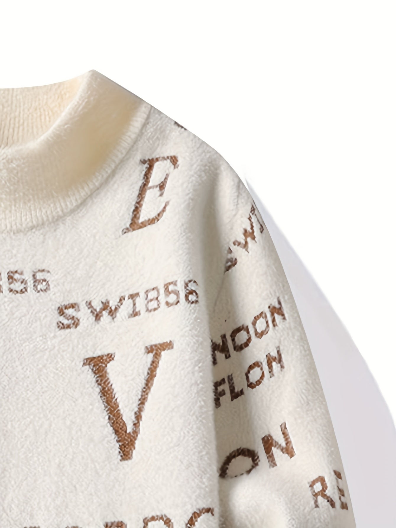 Men'S Cozy Letter Print Sweater - Warm Crew Neck Pullover with "SWISS" & "RECORD" Design, Beige & Blue, Long Sleeve, Perfect for Fall/Winter, Winter Clothing | Casual Style | Ribbed Cuffs, Knit
