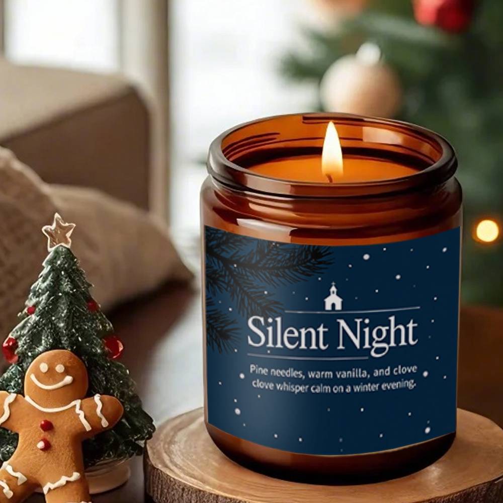 1pc Long-Lasting 12+ Hour Burn Time Soy Wax Candle in Elegant Clear Glass Jar with Deep Blue Winter Night Label - Vanilla & Pine Scented Christmas Candle for Home Decor, Silent Night Design with Snowflakes & Pine Cones, Indoor Use, Spill-Proof, Holiday G