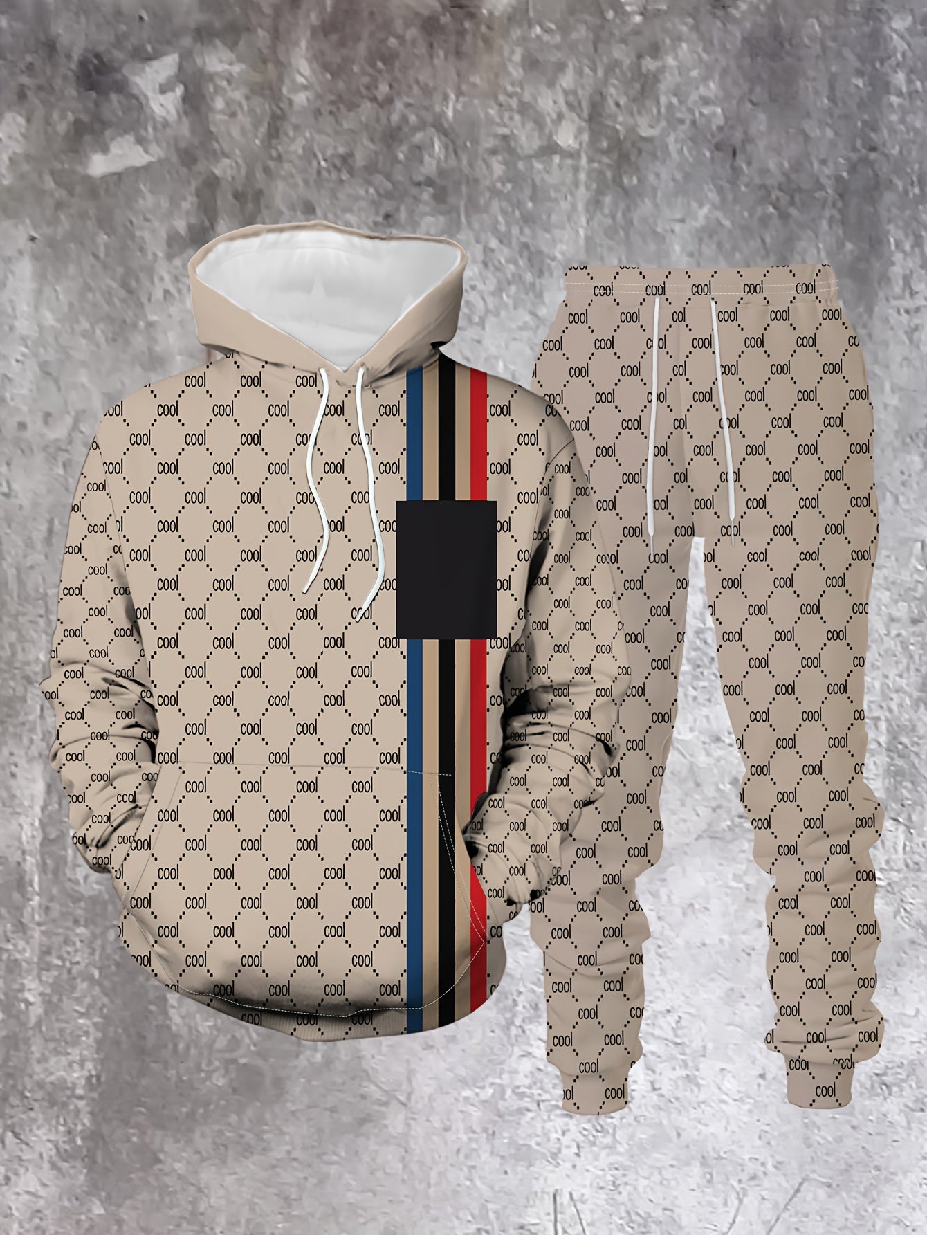 Plaid 2pcs Hoodie Set Autumn/Winter New Men'S Fashion Casual Classic Hooded Sweatshirt with Striped Top and Polyester Pockets for Street Outdoor Sports