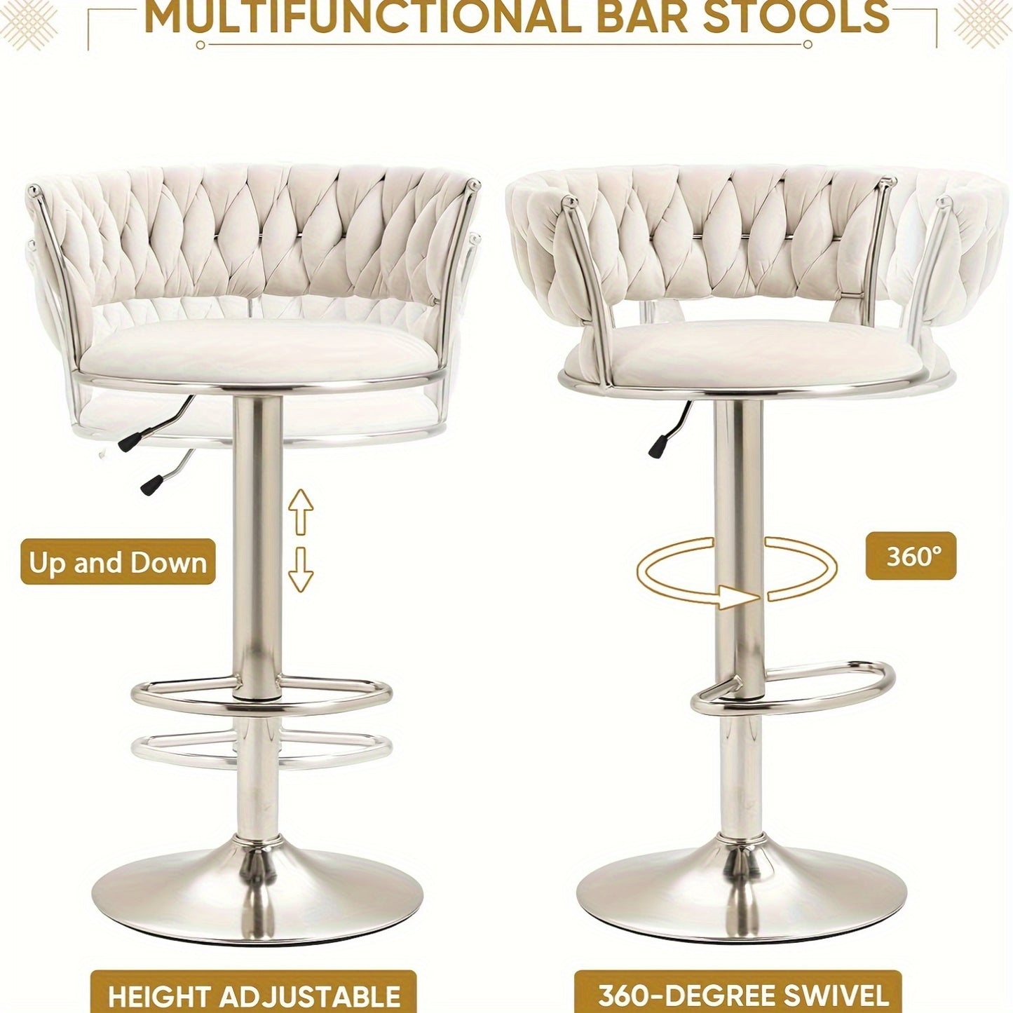Velvet Swivel Bar Stools, Adjustable Counter Height Bar Stool with Woven Back, Upholstered Kitchen Dining Chairs, Modern Barstools for Kitchen Island, Cafe, Pub, Bar Counter, Bar Stool Set, Bar Chair, Bar Stools Set of 2, Bar Stool Set of 4, Bar Chair Se