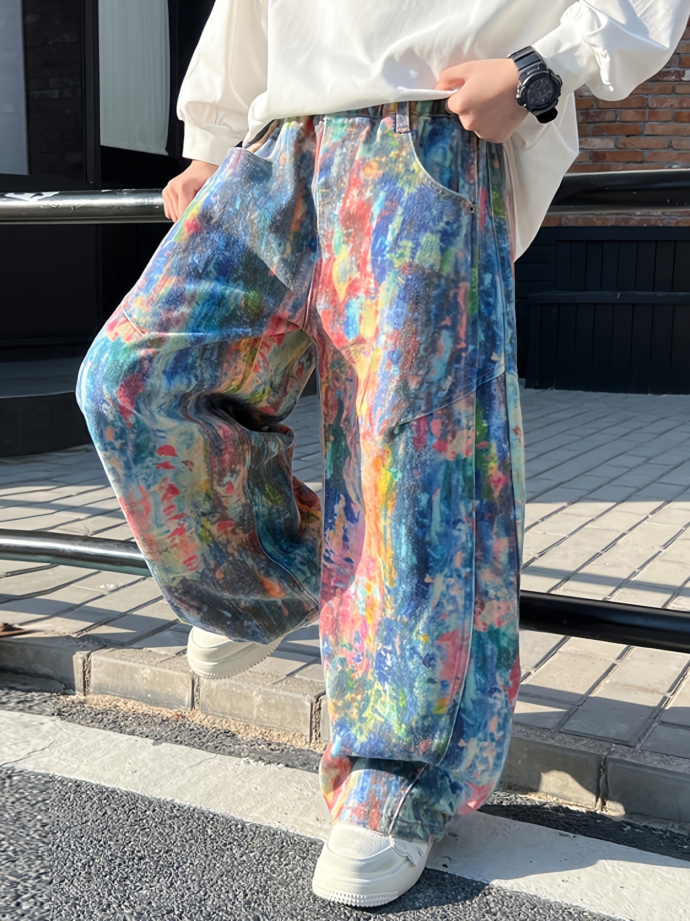 Boys' Streetwear Wide-Leg Pants - Vibrant Tie-Dye Pattern, Elastic Waistband with Drawstring, Pockets, Regular Fit Casual Trousers for Spring/Fall Outdoor Play & Casual Attire, Boy Pants, Spring Fall Attire, Trendy Streetwear, Comfortable Fit, for Outdoo