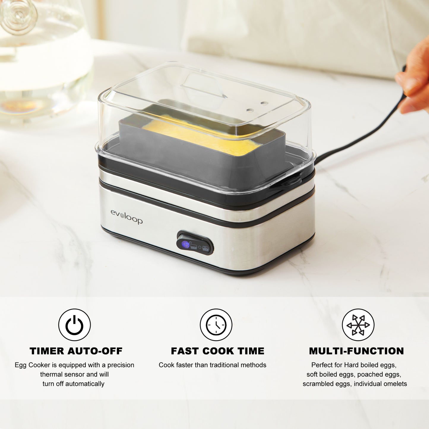 Evoloop Rapid Egg Cooker - Effortlessly Craft Perfect Eggs Every Time with Auto Shut Off - 6 Egg Capacity for Hard Boiled, Poached, Scrambled, or Fluffy Omelets - Culinary Mastery in Minutes