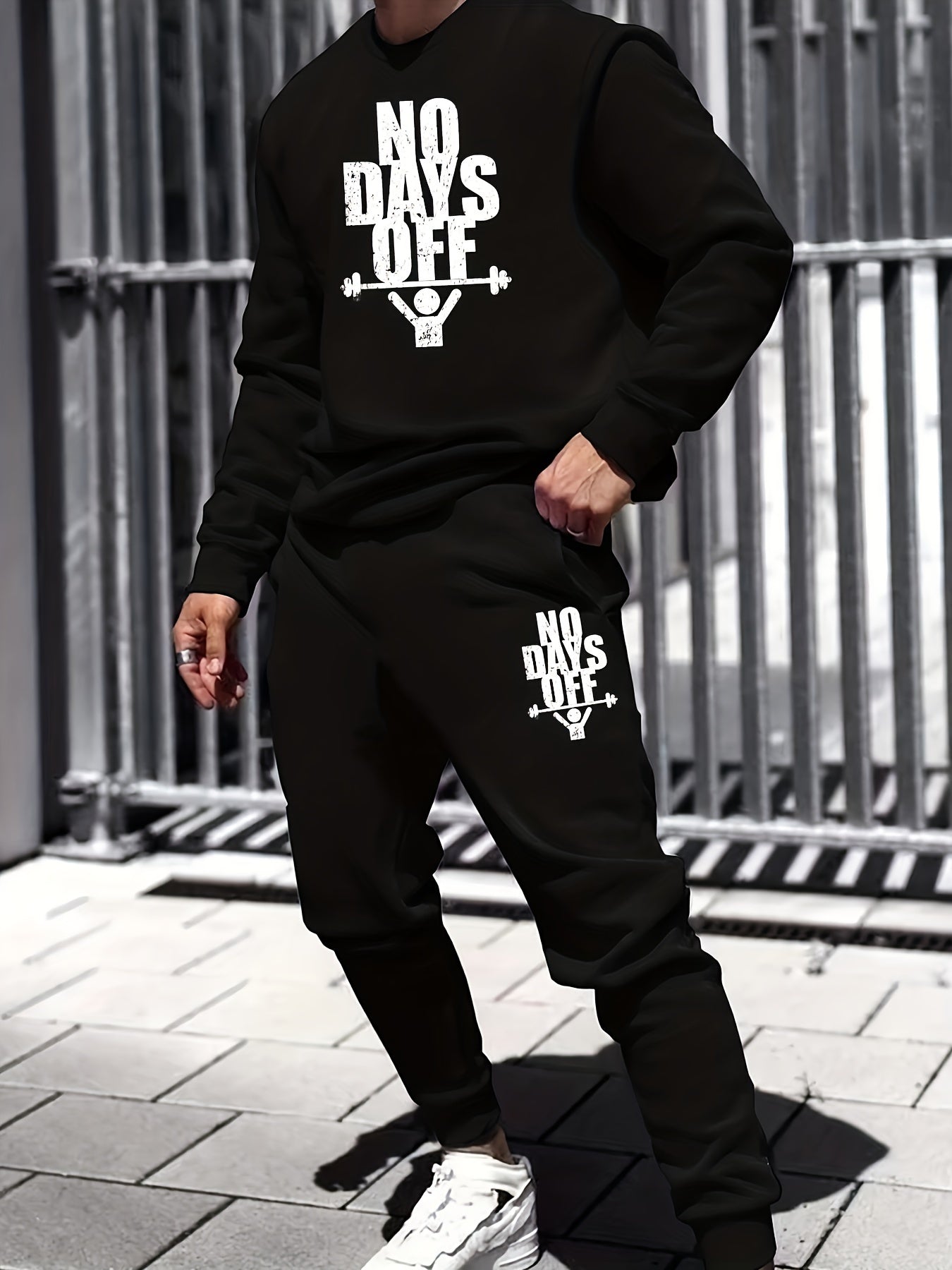 2-Piece NO DAYS OFF Outfit for Men: Crew Neck Long Sleeve Pullover Sweatshirt and Drawstring Sweatpants Joggers Set for Spring Fall