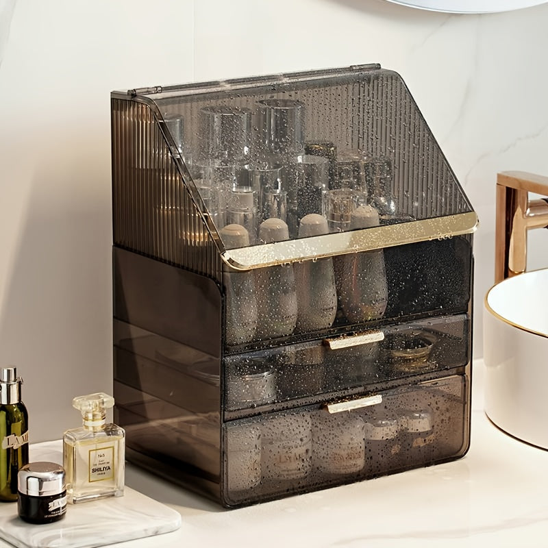 Large Capacity Transparent Cosmetic Organizer with Drawers - Durable Plastic Makeup Storage Box for Perfume, Skincare, Lipstick - Countertop Bathroom Vanity Organizer, No Assembly Required, Space-Saving Design, Makeup Vanity Desk, Sleek Design