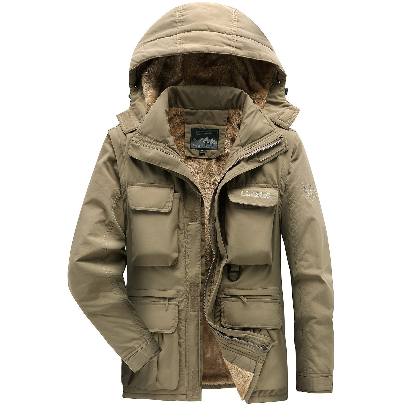 WarmthMax Cargo Jacket for Men - Fleece Lined, Removable Hood, Military Style, Water Resistant, Breathable, and Adjustable Fit for Outdoor Activities