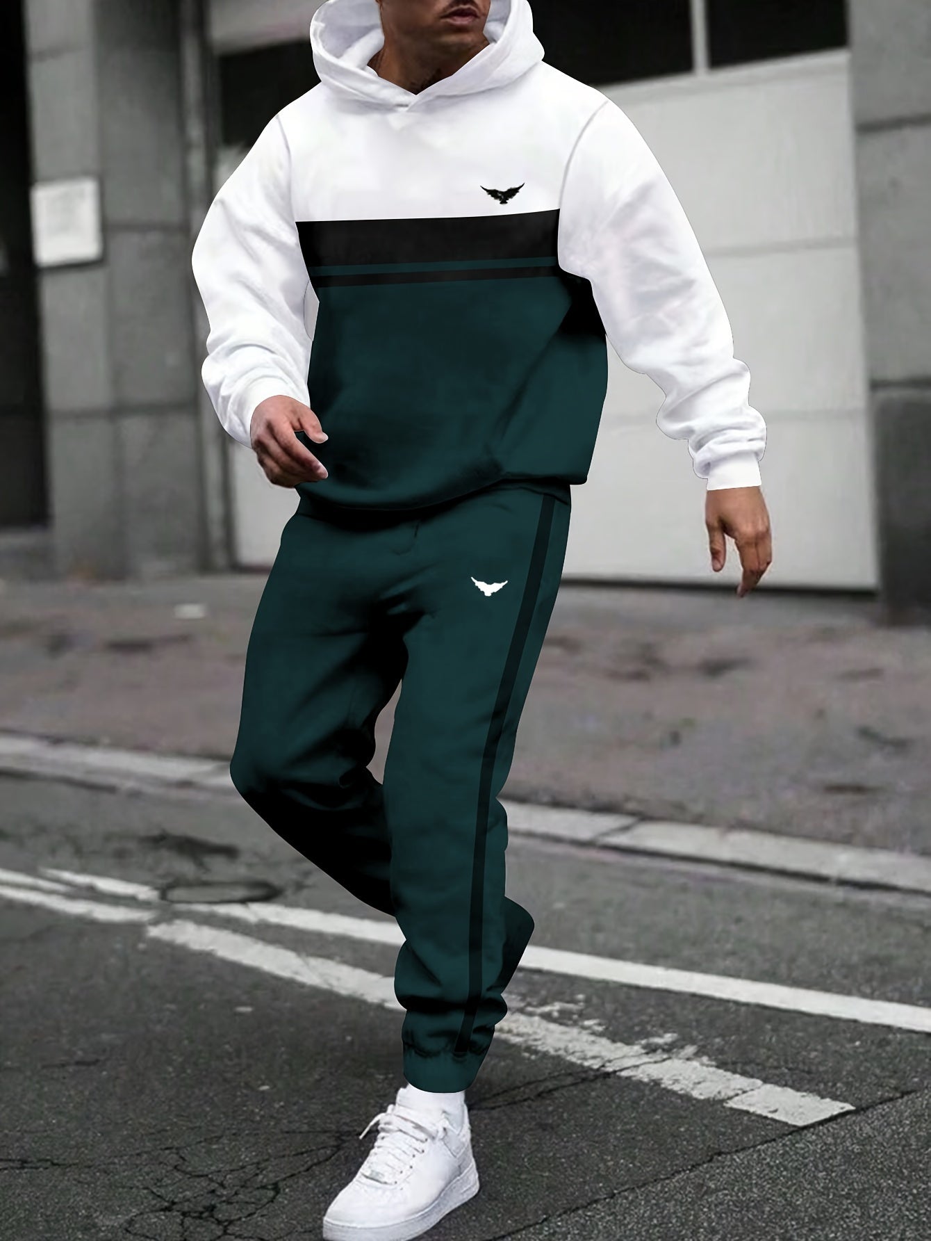 Men's Sweatshirt Patchwork Drawstring Hoodie and Sports Pants 2pcs Set