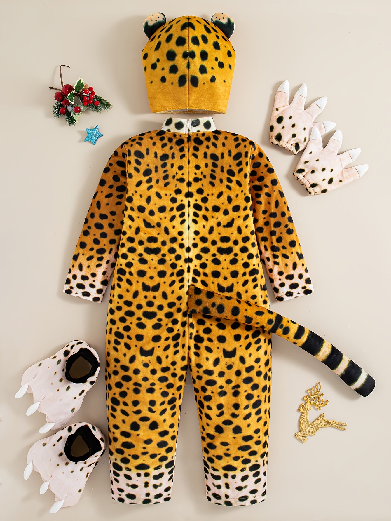 Adorable Kids' Cheetah Print Bodysuit with Hood, Paw-Shaped Gloves & Socks – 6pcs Set for Halloween Performances