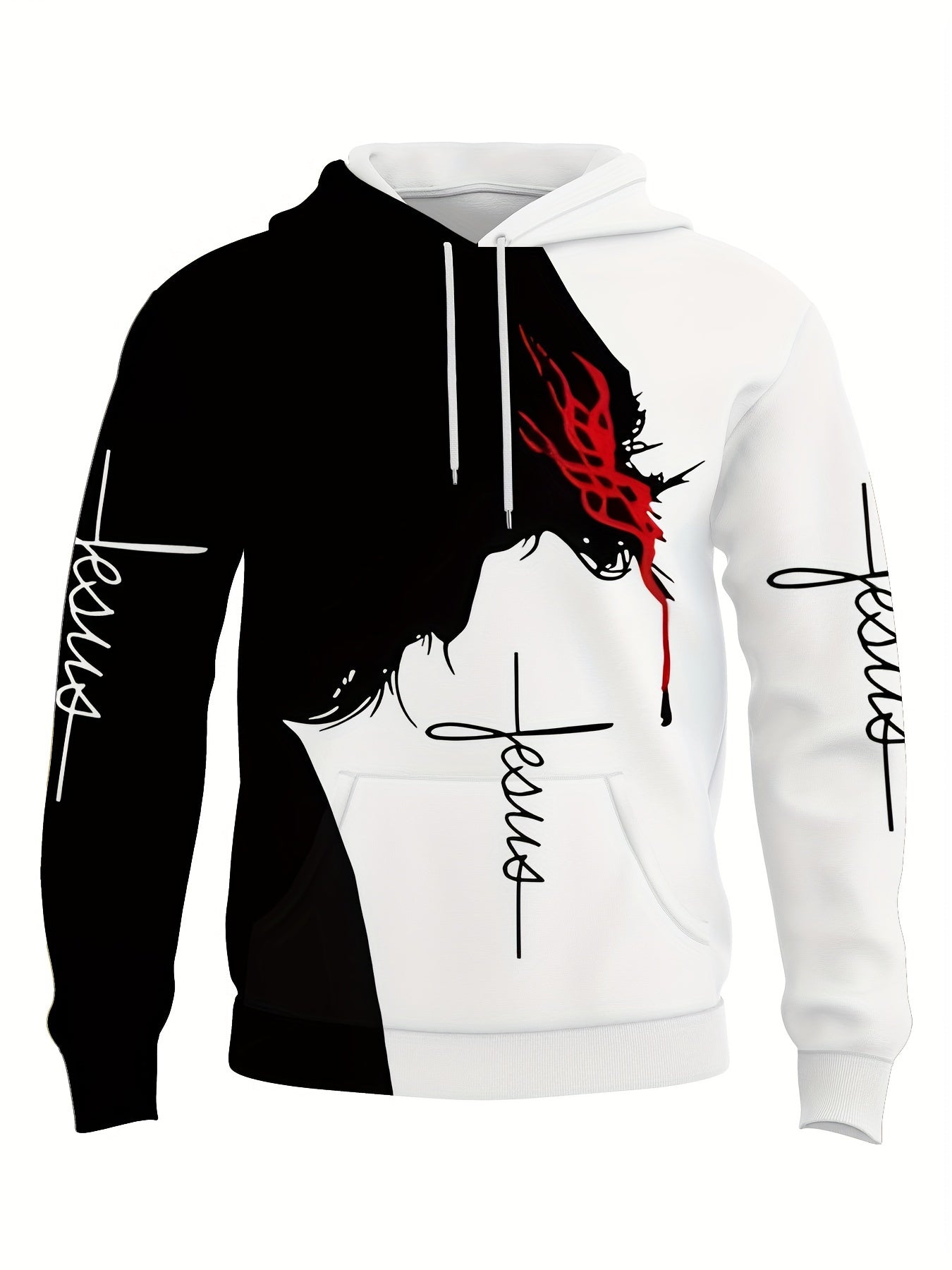 Men's 3D Printed Casual Sportswear Set - Long Sleeve Hoodie & Joggers, Machine Washable, Polyester Blend for Fitness & Training, Hoodie And Jogger Set, Black And White Print