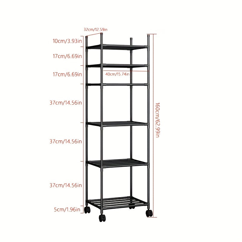 Adjustable Storage Shelf - Freestanding Heavy-Duty Iron Frame with Wheels, Multi-Tier Shelves for Bathroom, Laundry Room & Living Room Organization - Black Finish Space-Saving Utility Rack, Bathroom Organizers And Storage, Sleek Modern Look, Wheel Equipp