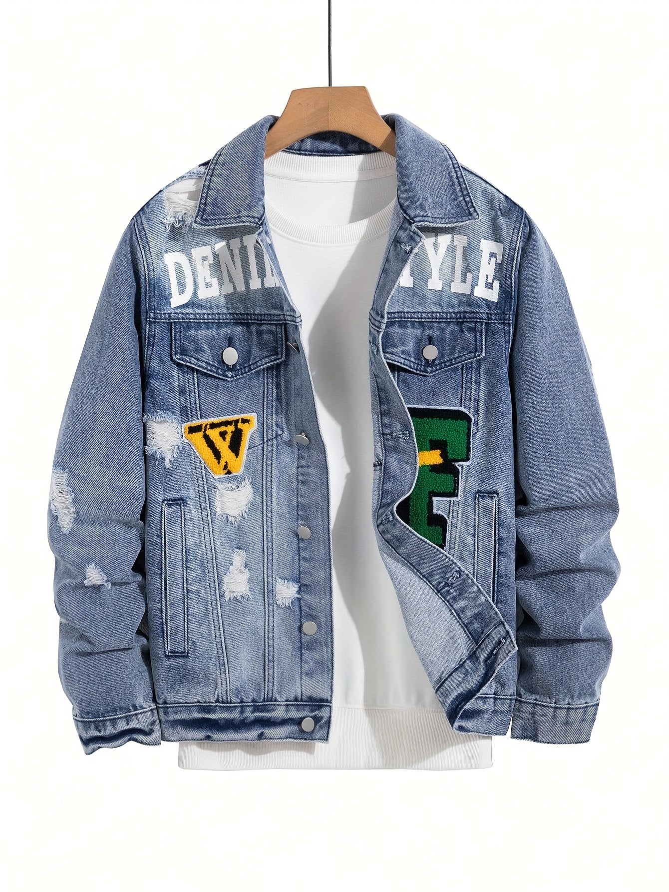 Men'S Streetwear Faux Denim Jacket with Distressed Details & Graphic Print - Washed Blue Faux Denim, Regular Fit Casual Outerwear for Spring/Fall, Daily Wear & Leisure Outings, Fall Fashion, Urban Style, Premium Stitching, Statement Piece, Young Adults