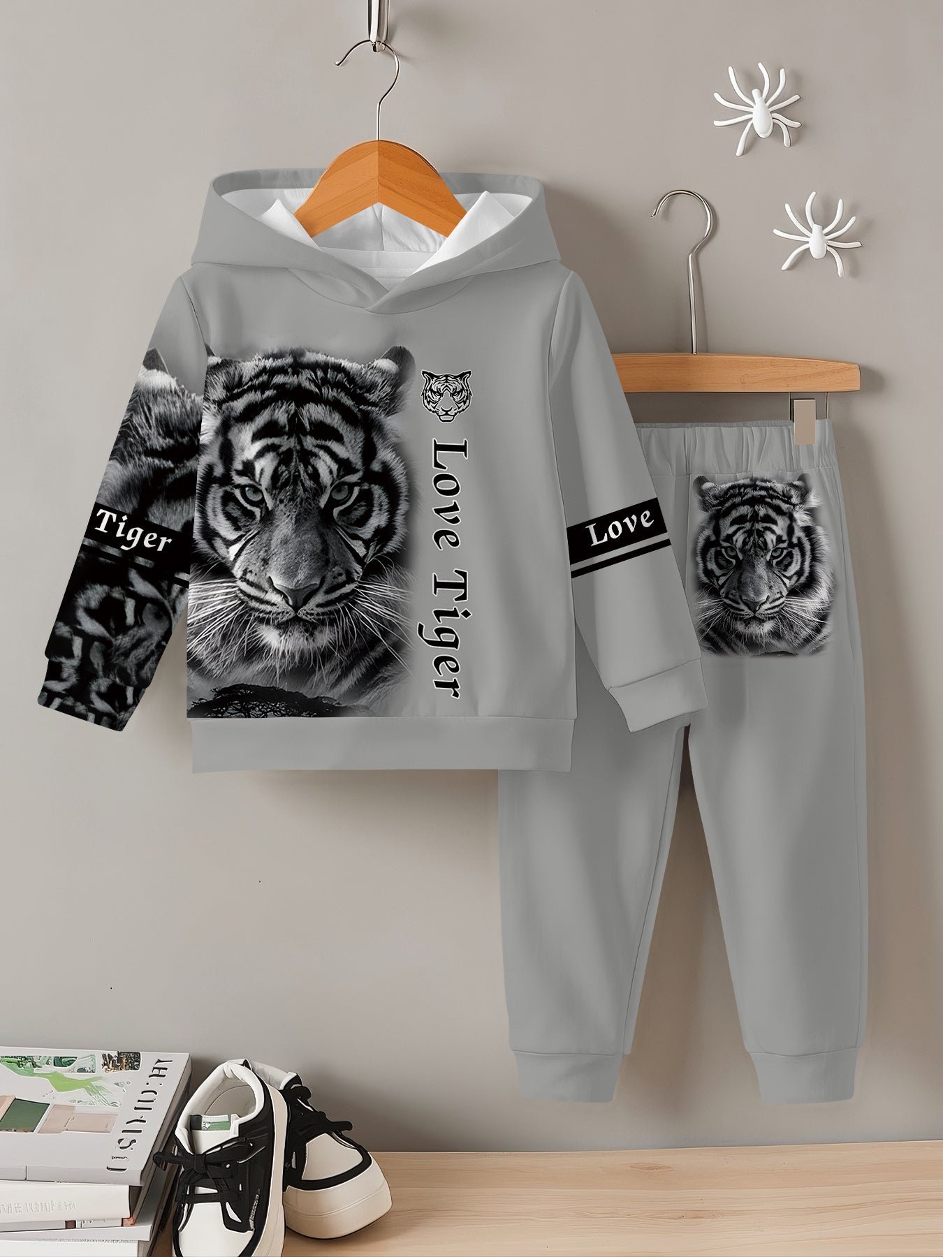 Boys' and Girls' Hooded Sweatshirt Set, Fashionable Tiger Pattern Design Print, Comfortable Spring/Autumn Outdoor Sports Casual Outfit, Perfect for Outdoor, Perfect for Outdoor
